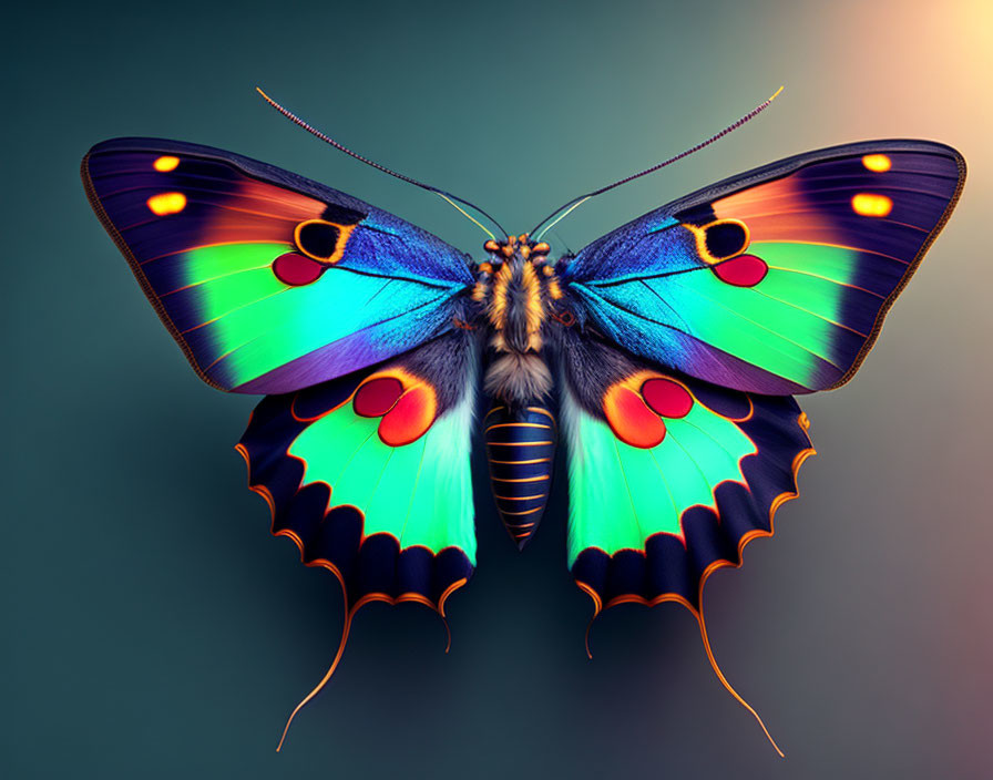 Colorful Butterfly with Blue, Green, Yellow Wings on Gradient Background