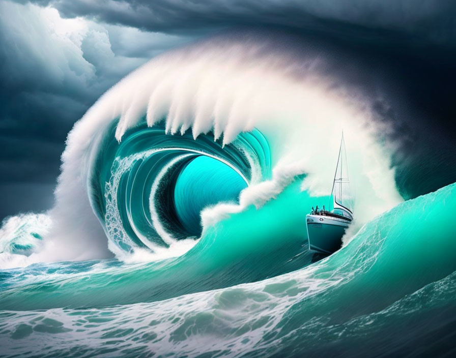 Surreal digital art: sailboat near massive turquoise wave spiral