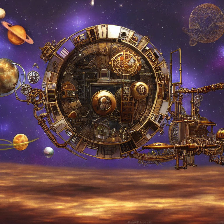 Steampunk-themed circular space station orbiting planets in starry space.