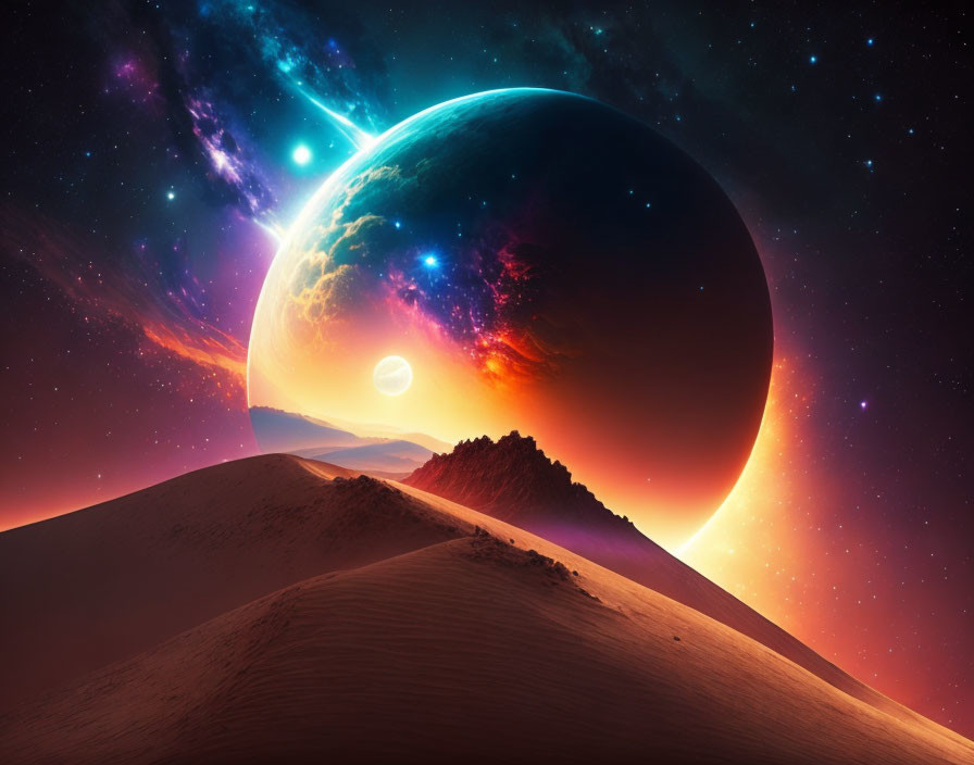 Large Planet Rising Over Desert Dunes in Surreal Space Scene