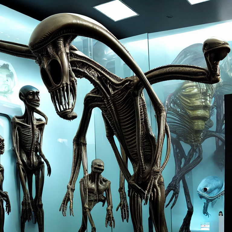 Large skeletal alien creature with smaller aliens in futuristic exhibit