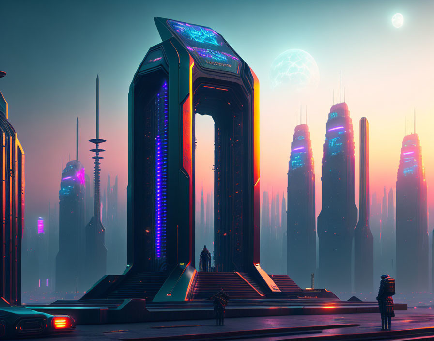 Futuristic cityscape with skyscrapers, neon lights, portal, and silhouettes