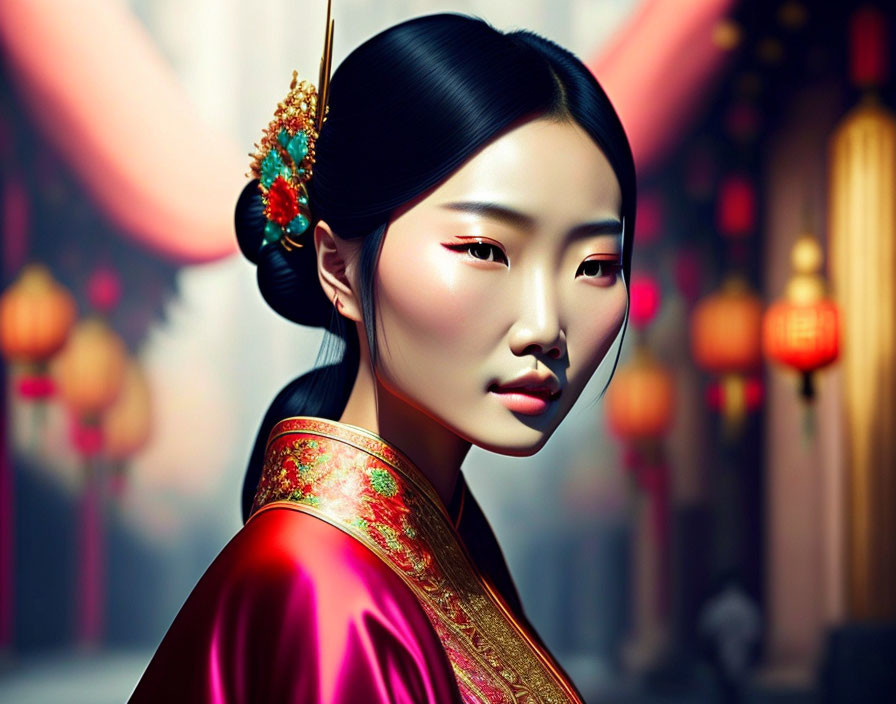Illustrated Asian woman in red and gold traditional attire against lantern backdrop