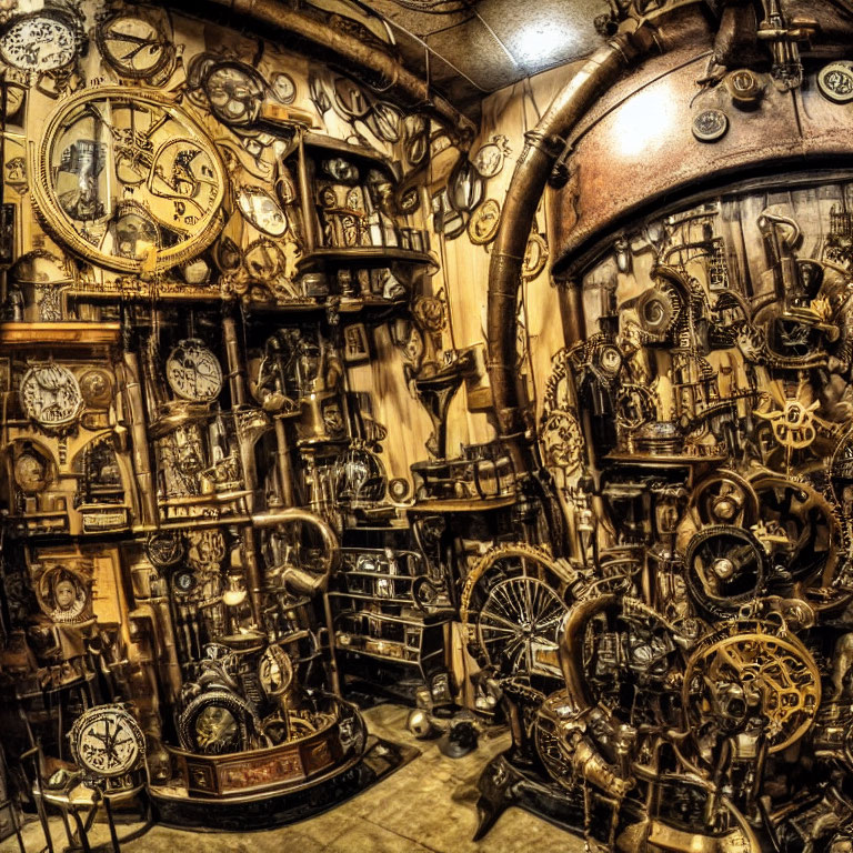 Detailed Steampunk-Themed Room with Clocks, Gears, and Pipes