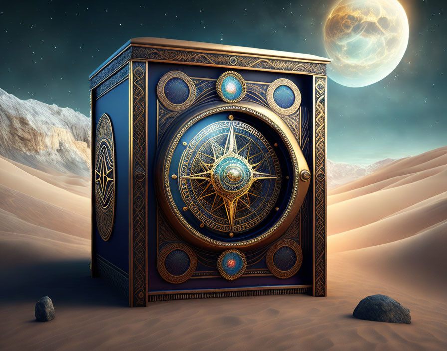 Ornate celestial-themed safe in desert night scene