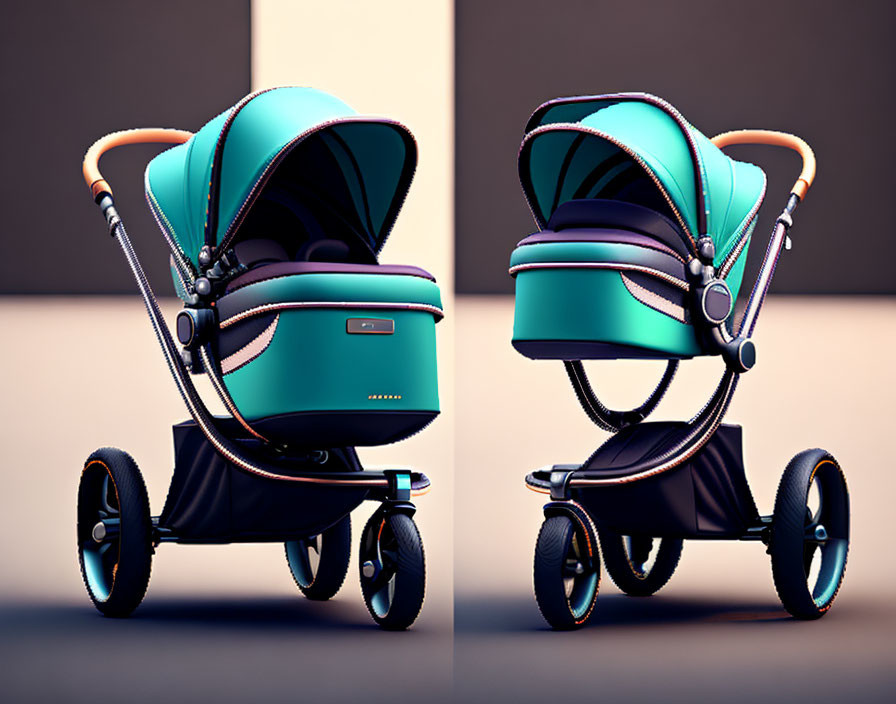 Teal and Black Modern Baby Strollers in Dual Angles