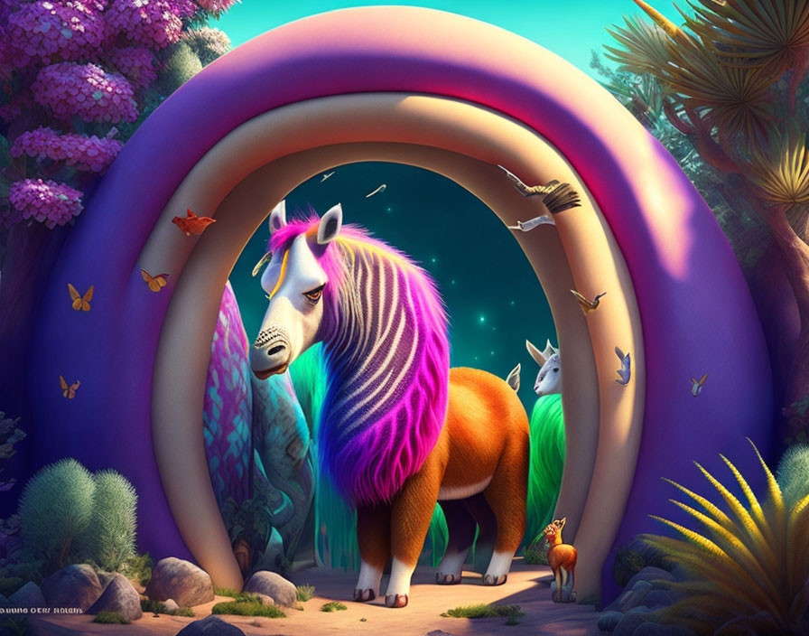 Colorful Unicorn with Rainbow Mane in Fantasy Forest with Butterflies and Arch