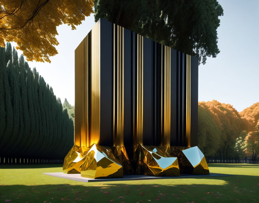 Black Monolithic Structure with Gold-Crystal Elements in Park