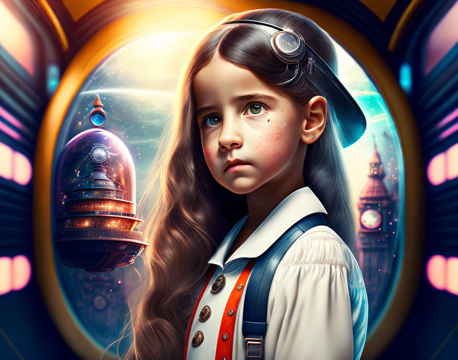 Steampunk-inspired young girl with goggles in futuristic sci-fi setting.