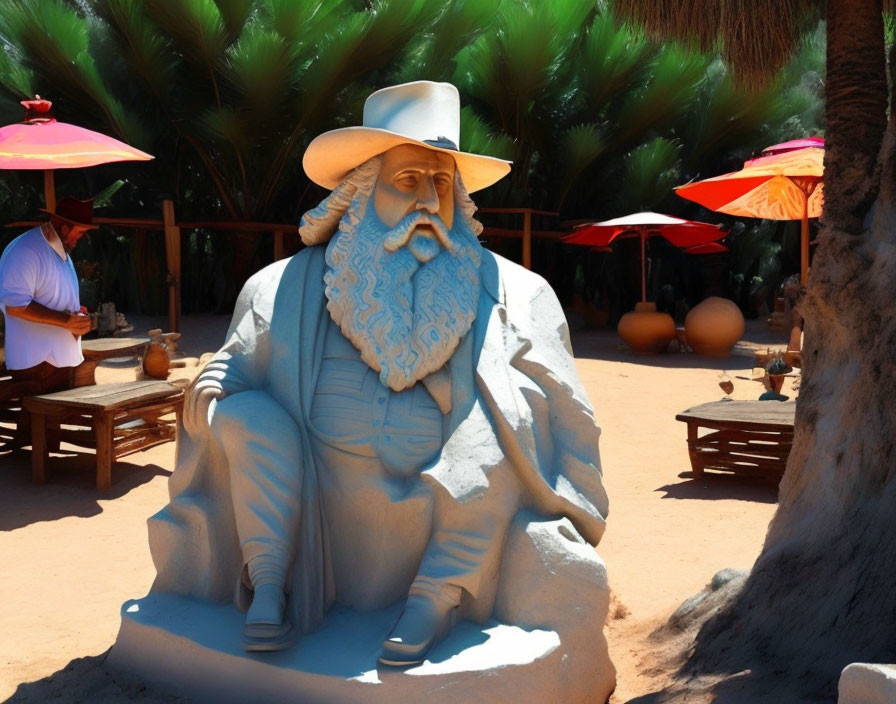 Blue-tinted life-size sculpture of a bearded man under palm trees with red umbrellas and