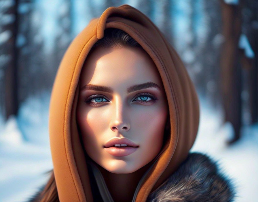 Digital Artwork: Woman with Blue Eyes and Tan Scarf in Snowy Forest