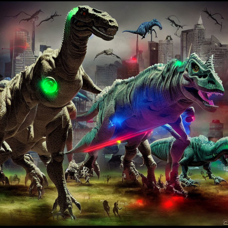 Dinosaurs with futuristic gear fight in ruined cityscape