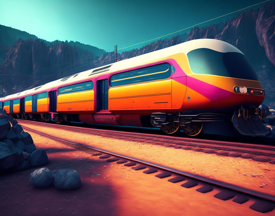 Colorful modern train travels through picturesque mountain landscape