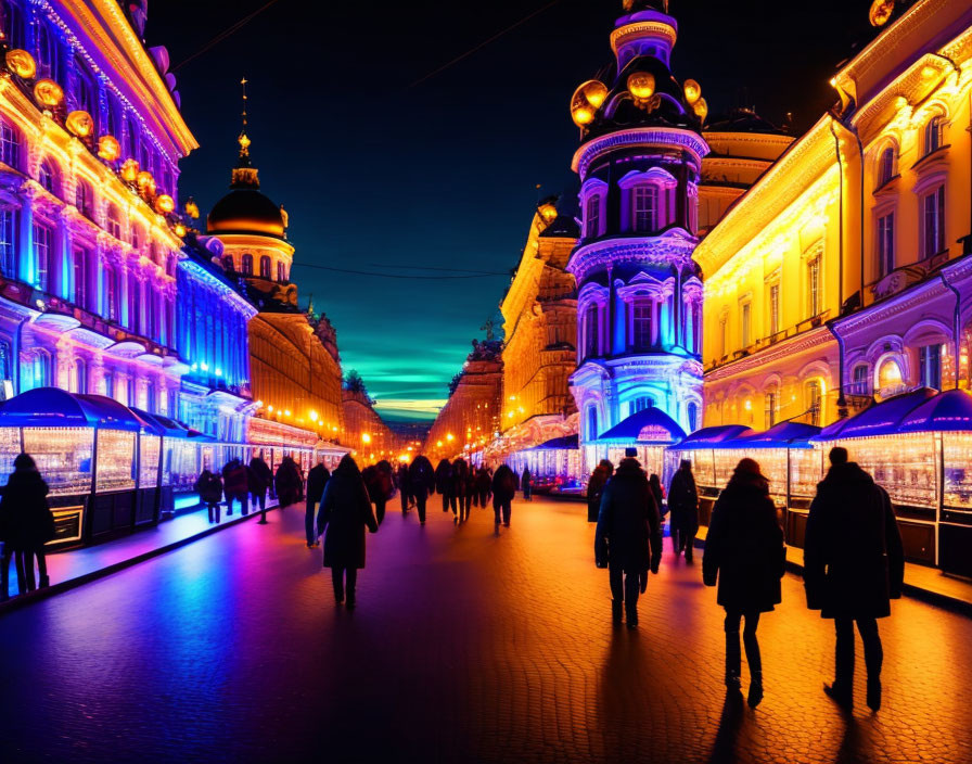 Bustling street scene at dusk with illuminated buildings and market stalls