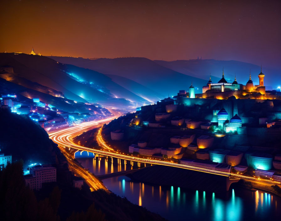 Cityscape at Night: Mosque, River, and Glowing Highways