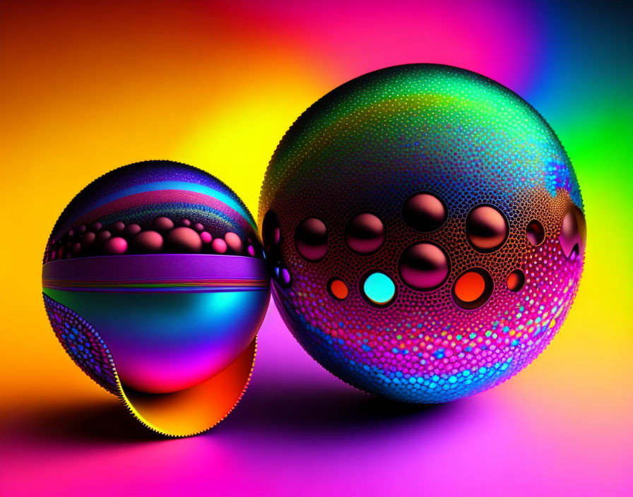 Colorful Neon Textured Spheres on Gradient Background with Patterns and Details