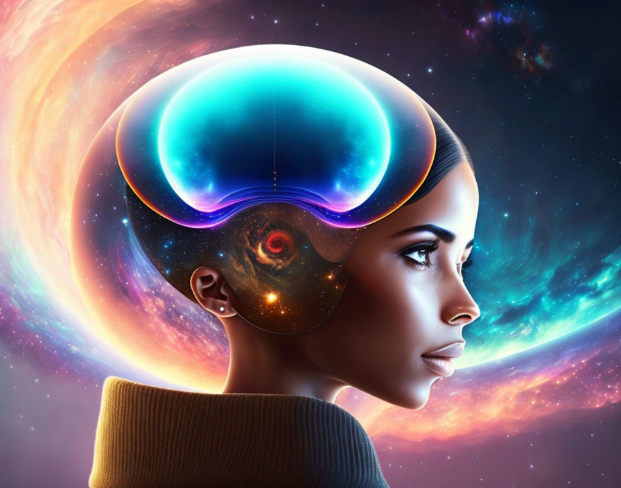 Digital artwork of woman with cosmic brain and galaxies, symbolizing vast intelligence