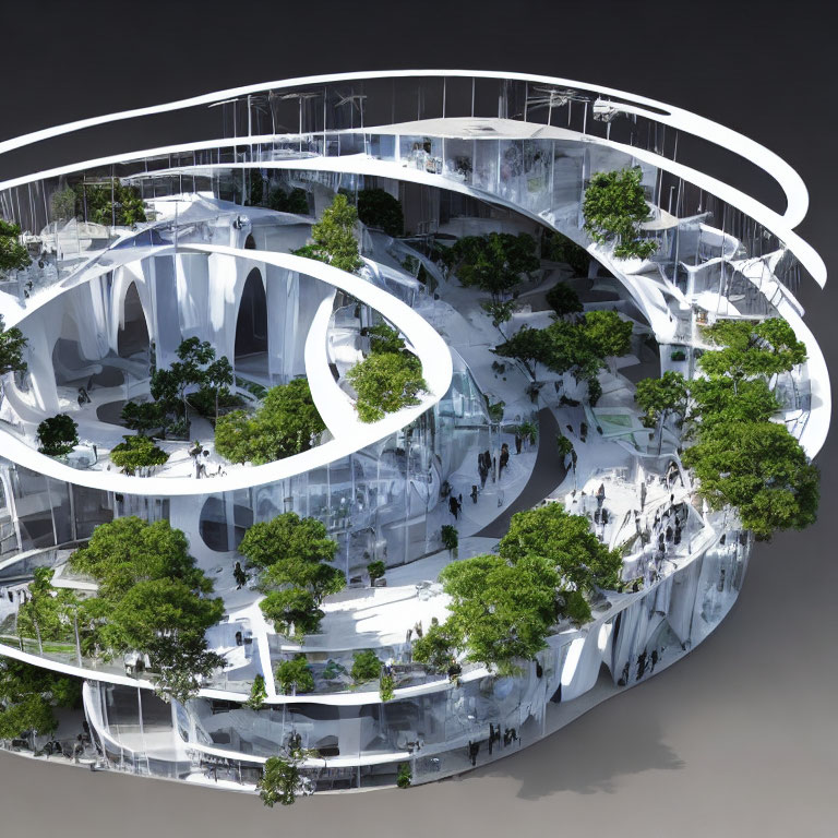 Futuristic oval-shaped building model with trees, ramp, and glass facades