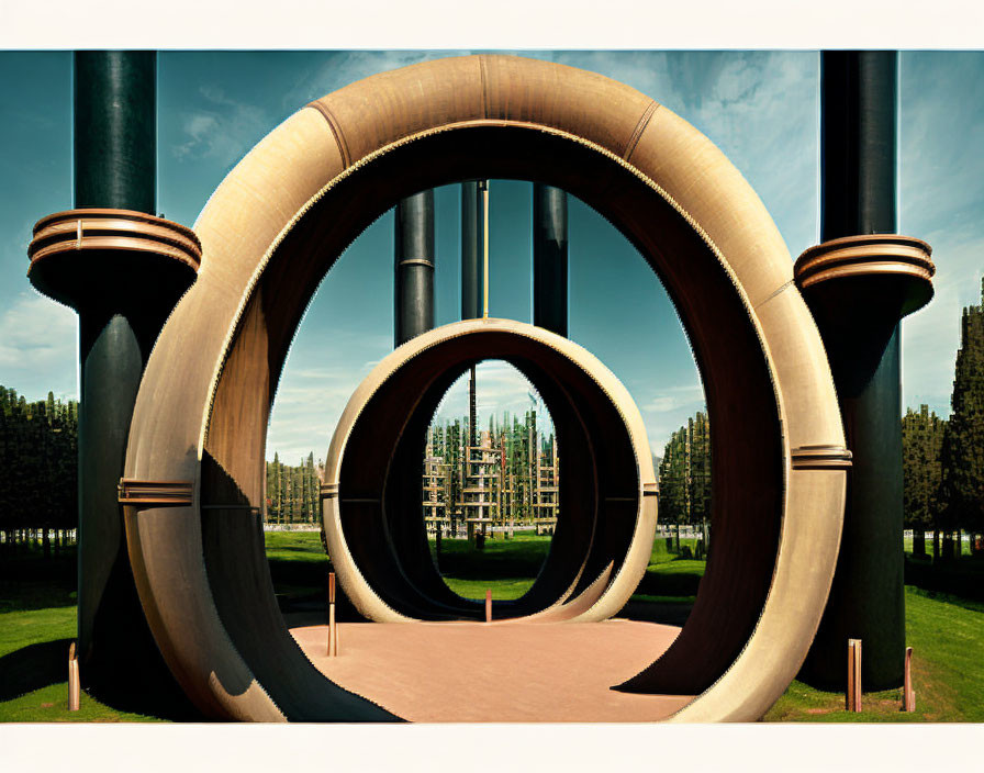 Surreal landscape featuring oversized bronze structures and industrial columns against a blue sky and greenery.