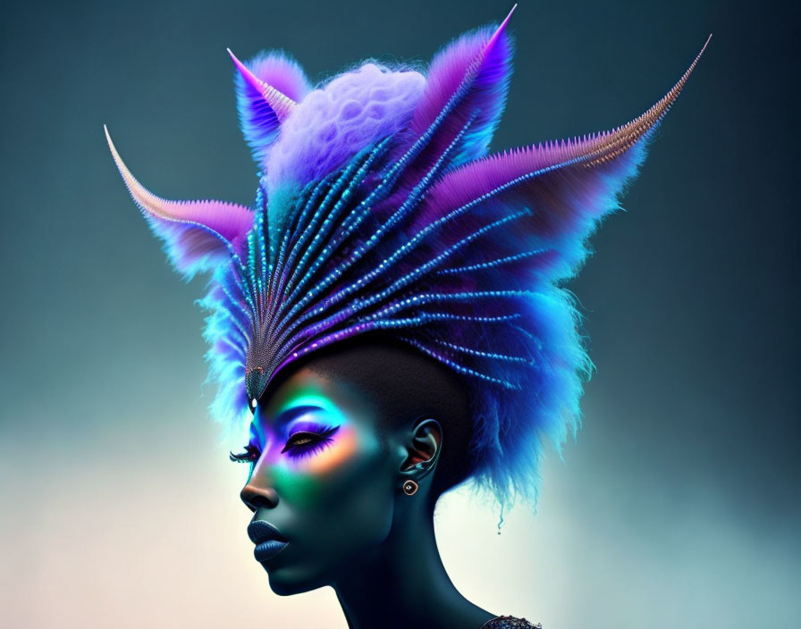Colorful headpiece with feathers and spikes on profile view against blue background