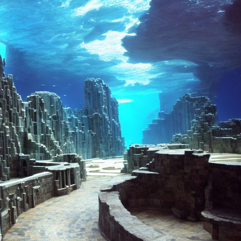Underwater City with Geometric Rock Formations and Sunlight Illumination
