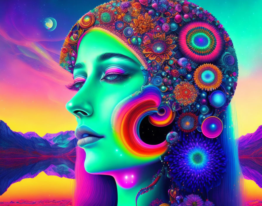 Colorful woman's profile with psychedelic patterns against neon sunset