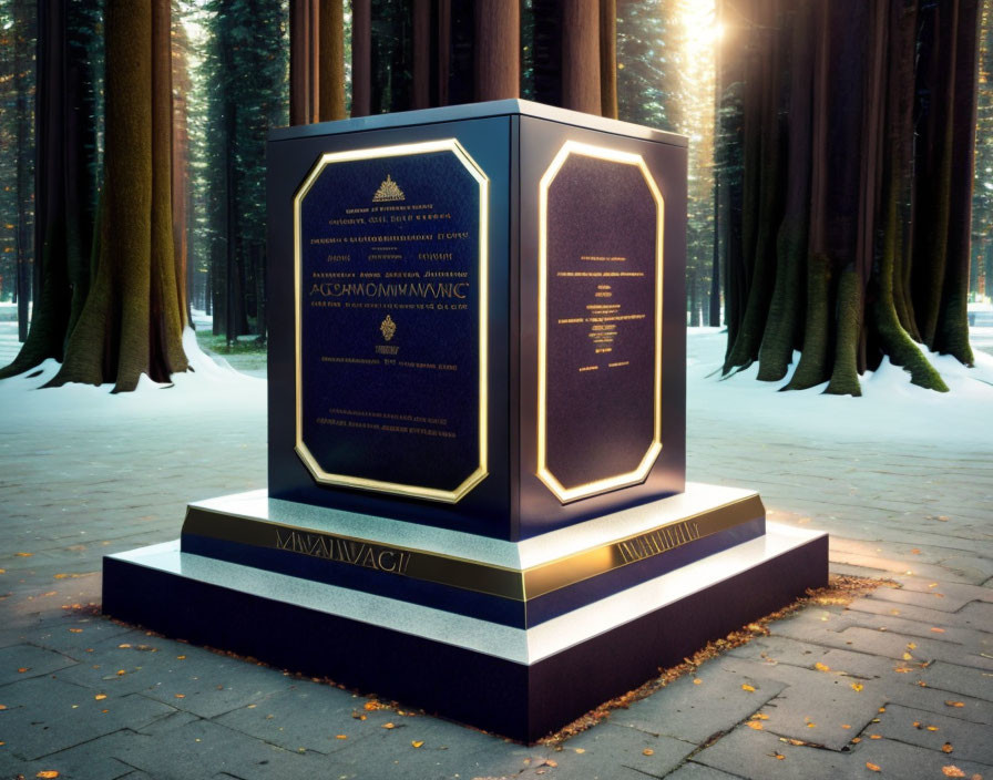 Monument with illuminated inscriptions in snow-covered forest at twilight