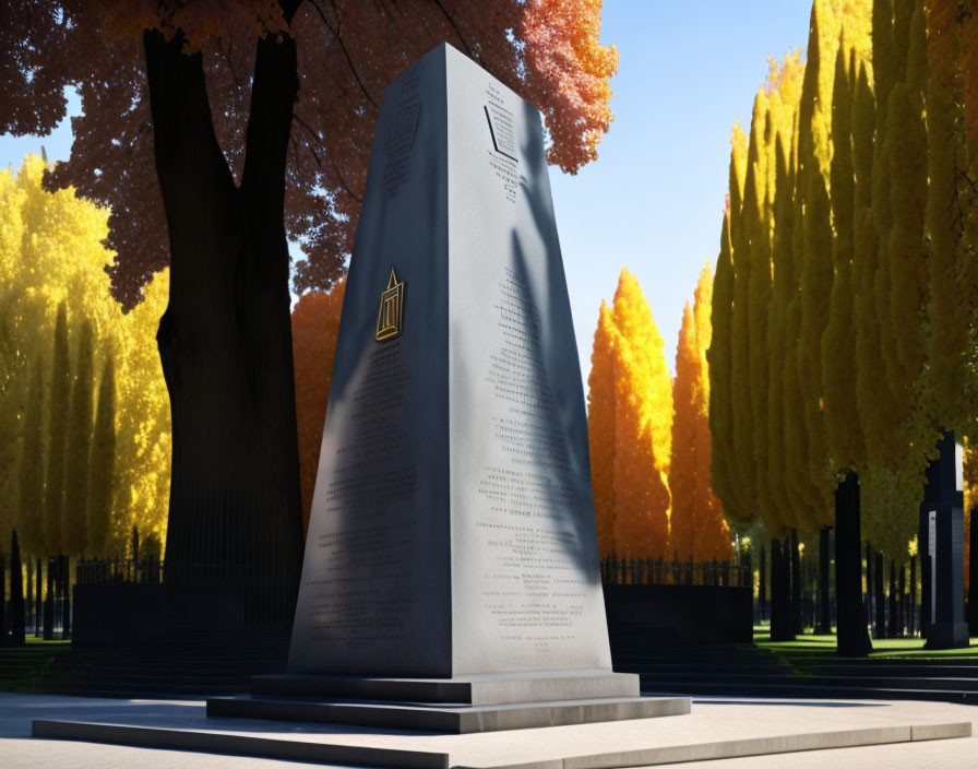 Monument with inscriptions framed by autumn trees