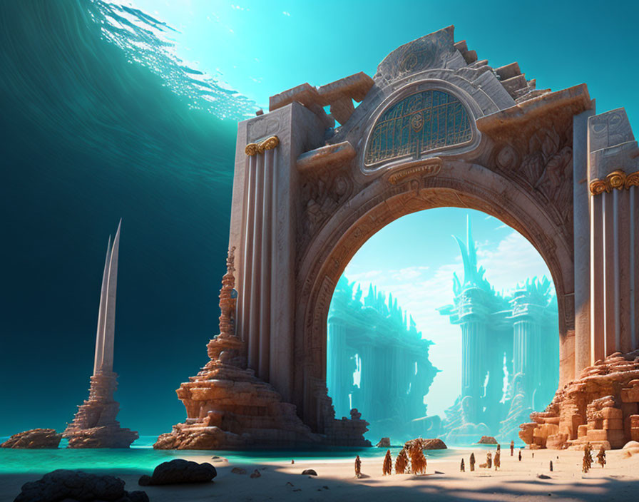 Surreal digital artwork: ornate archway, beach, tidal wave, futuristic structures
