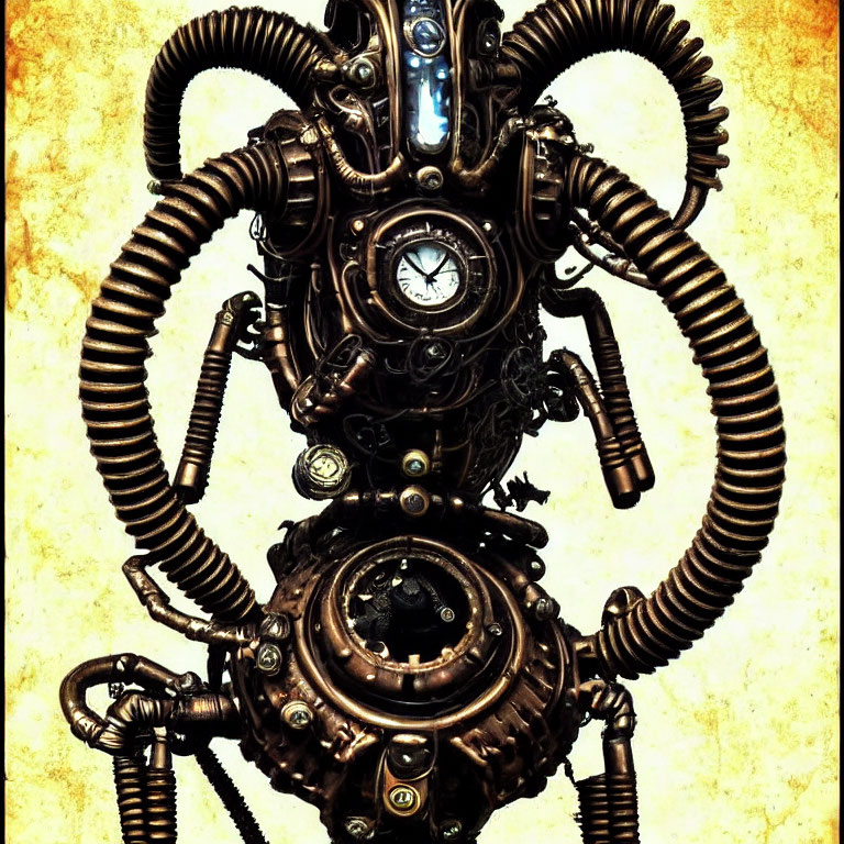 Mechanical Steampunk Device with Clock Face on Yellow Background