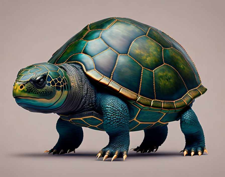 Detailed digital illustration of shiny emerald green tortoise with blue skin and yellow claws