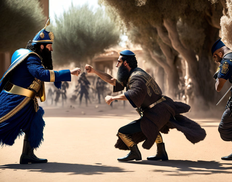 Historical characters in combat on sandy street with onlooker.