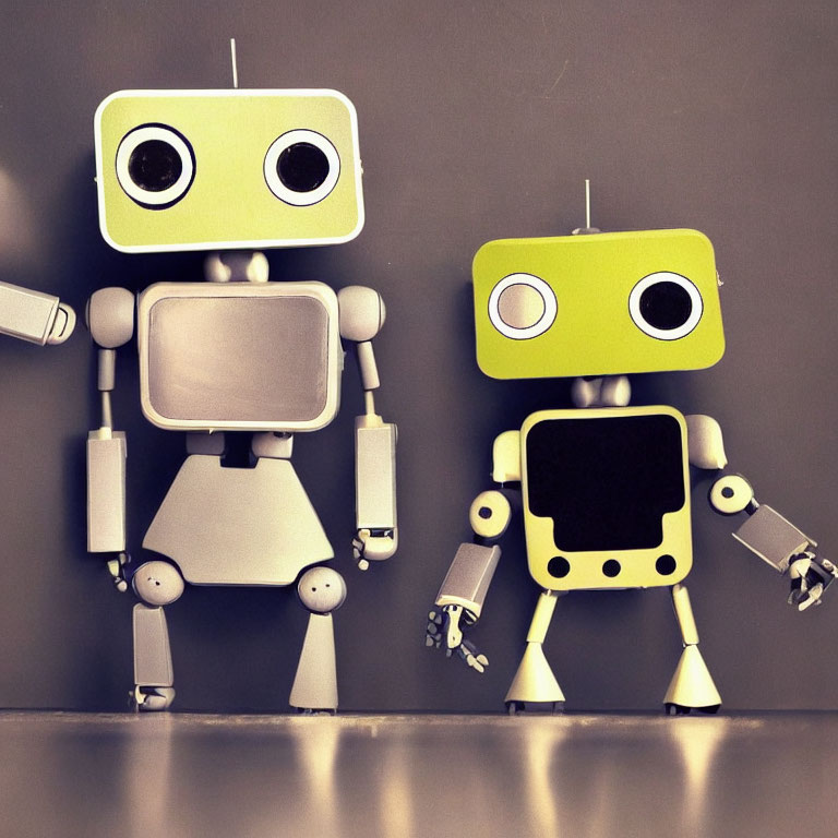 Stylized square-headed robot characters on grey background