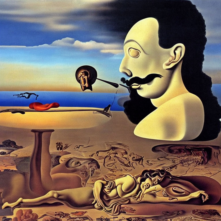 Surrealistic painting of large face, desert landscape, distorted figures, and optical illusions in muted