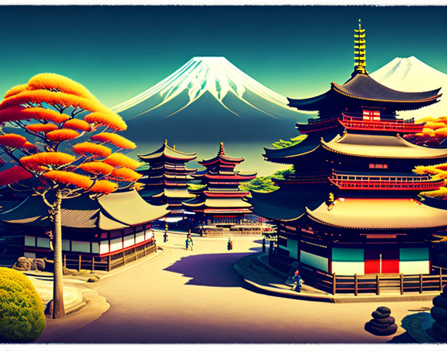 Japanese Pagoda, Mount Fuji, Traditional Buildings & Vibrant Trees