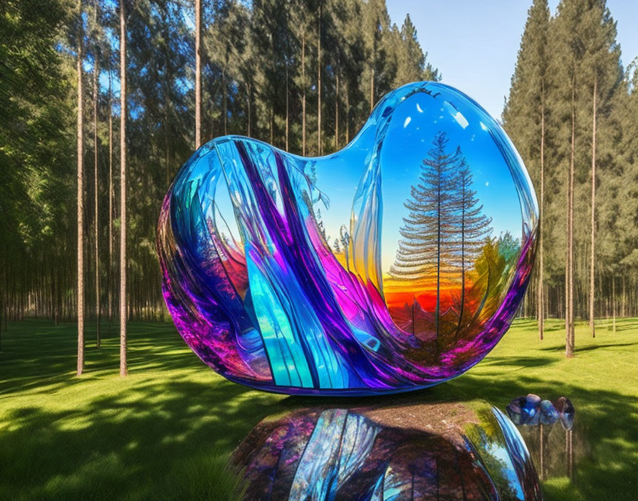 Abstract-shaped sculpture with blue and purple swirls in verdant forest