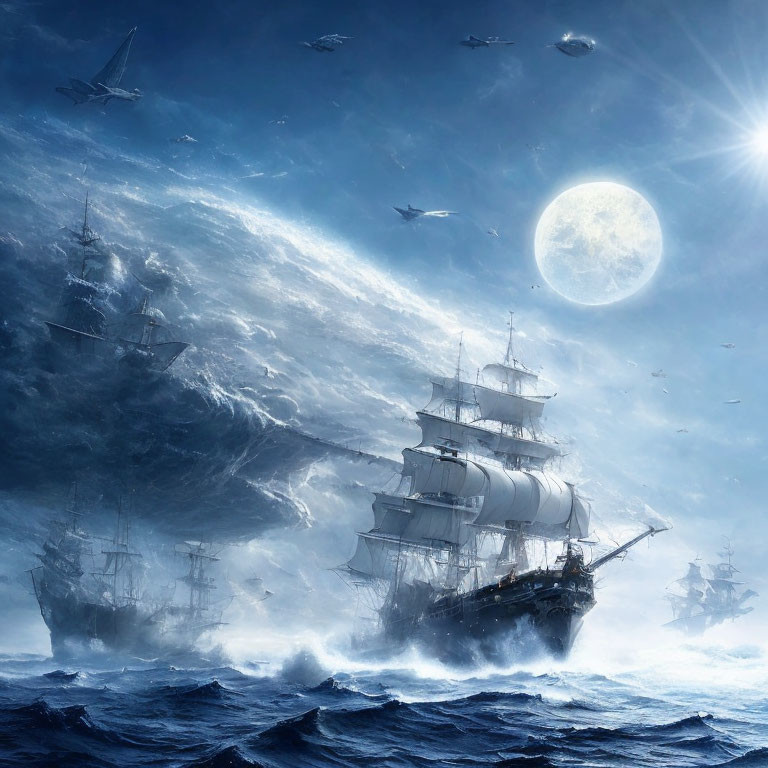 Fantasy art: Sailing ships on ethereal ocean with multiple moons