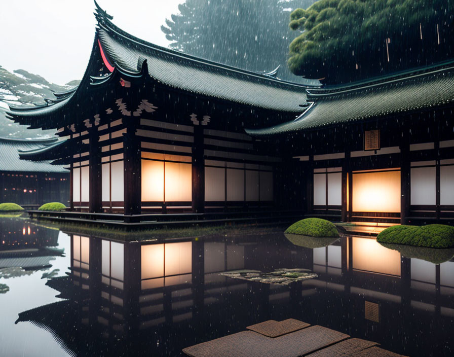 Japanese Architecture with Glowing Lanterns Reflected in Rainfall