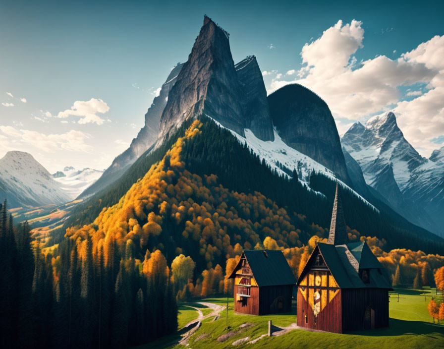 Autumn valley with houses, church, snow-capped mountains