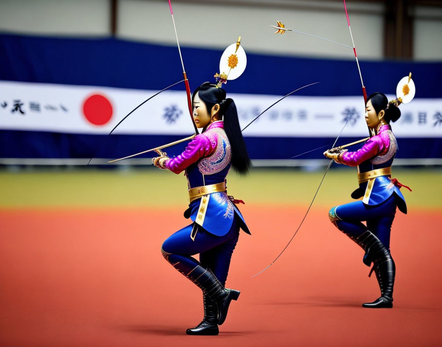 Traditional Korean archery by two women in vibrant attire with South Korean flag backdrop