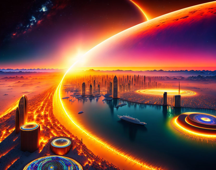 Futuristic sci-fi landscape with glowing planet rings, starship, and structures