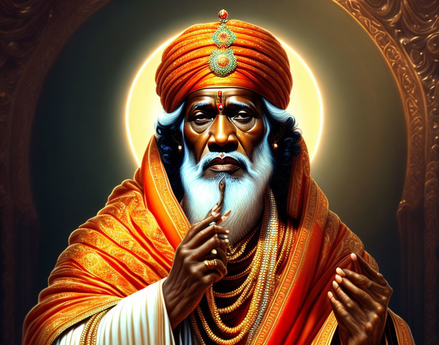 Illustrated portrait of serene man in orange attire with turban and jewel gesture