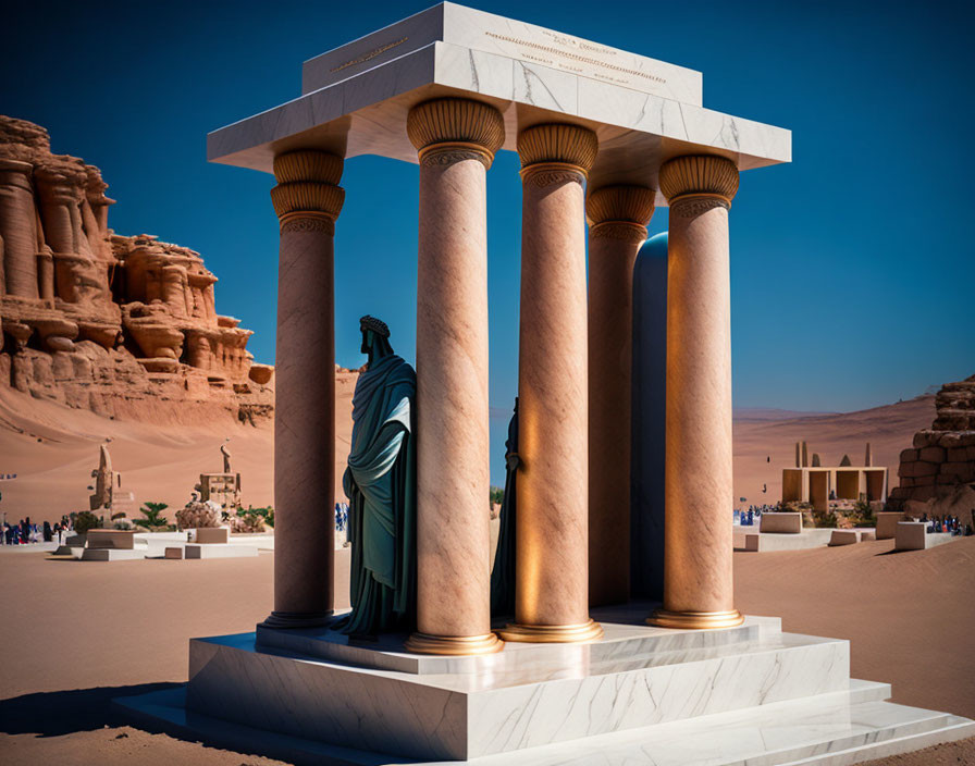 Green draped statue near columned structure in desert landscape