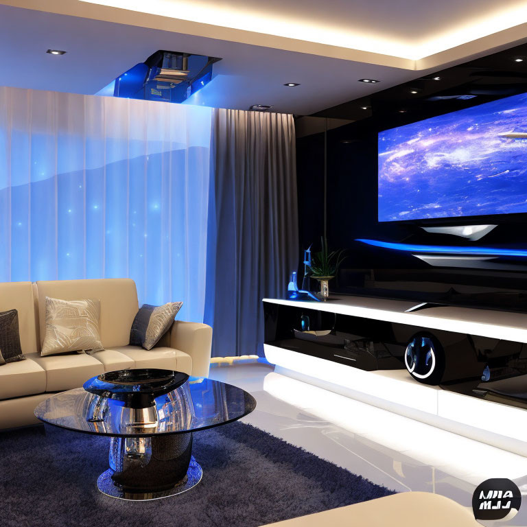 Contemporary Living Room with Large Screen TV & Blue Lighting