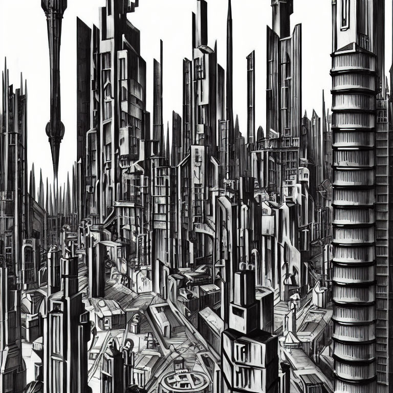 Futuristic monochrome cityscape with towering skyscrapers