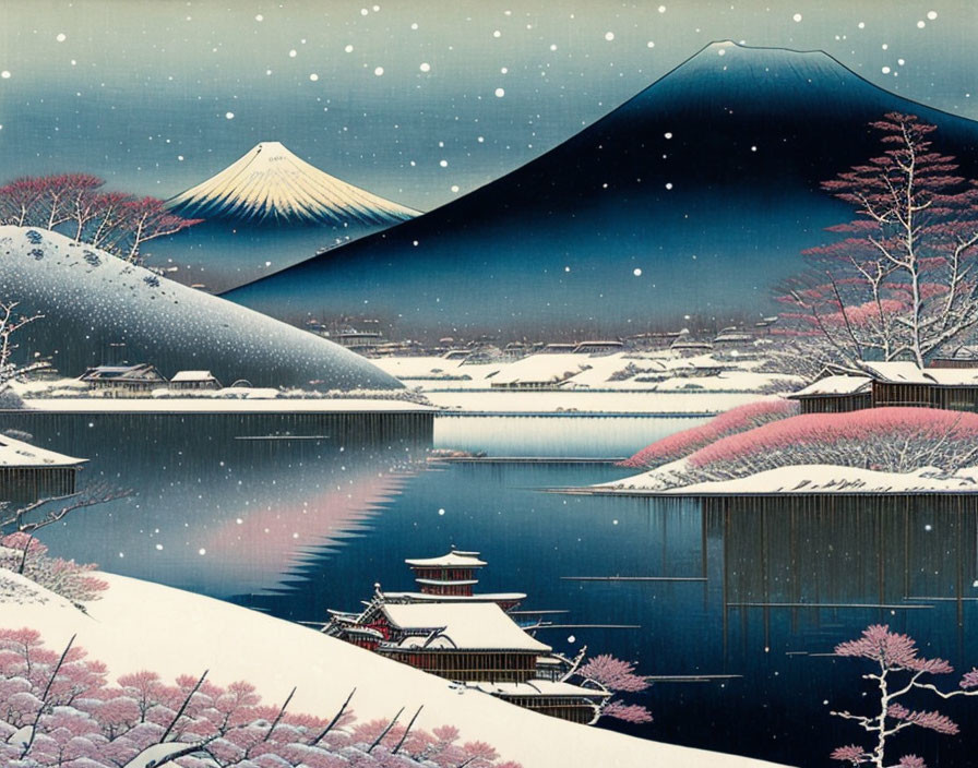 Japanese Ukiyo-e Artwork: Snowy Mount Fuji, Village, Pagoda, Pink Trees