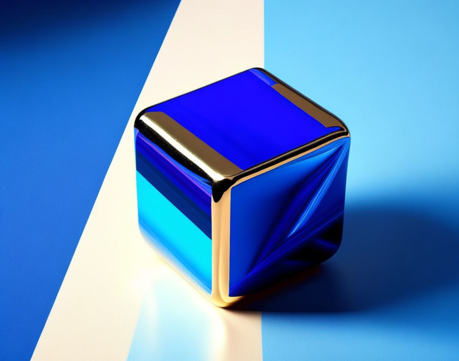 Reflective Blue Cube with Gold Edges on Dual-Tone Background