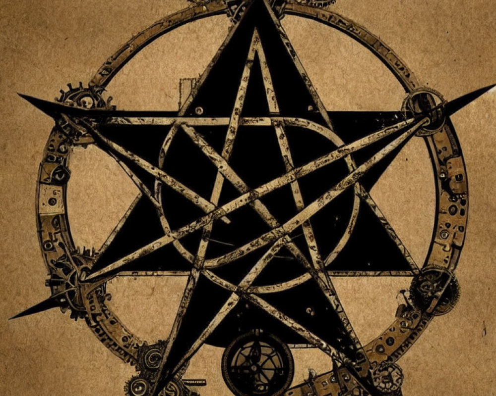 Steampunk-style pentagram with gears on brown background