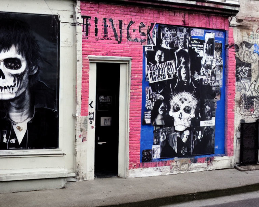 Building exterior adorned with punk graffiti and posters on pink walls, black-barred door and window