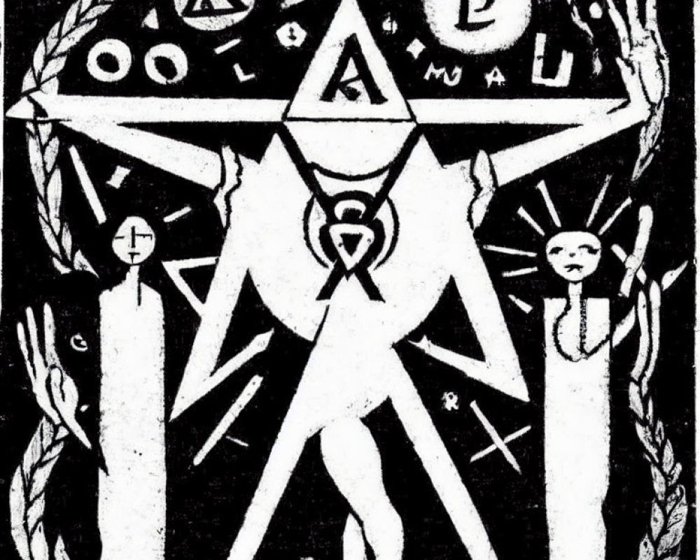 Monochrome illustration with central figure, symbolic emblems, geometric shapes